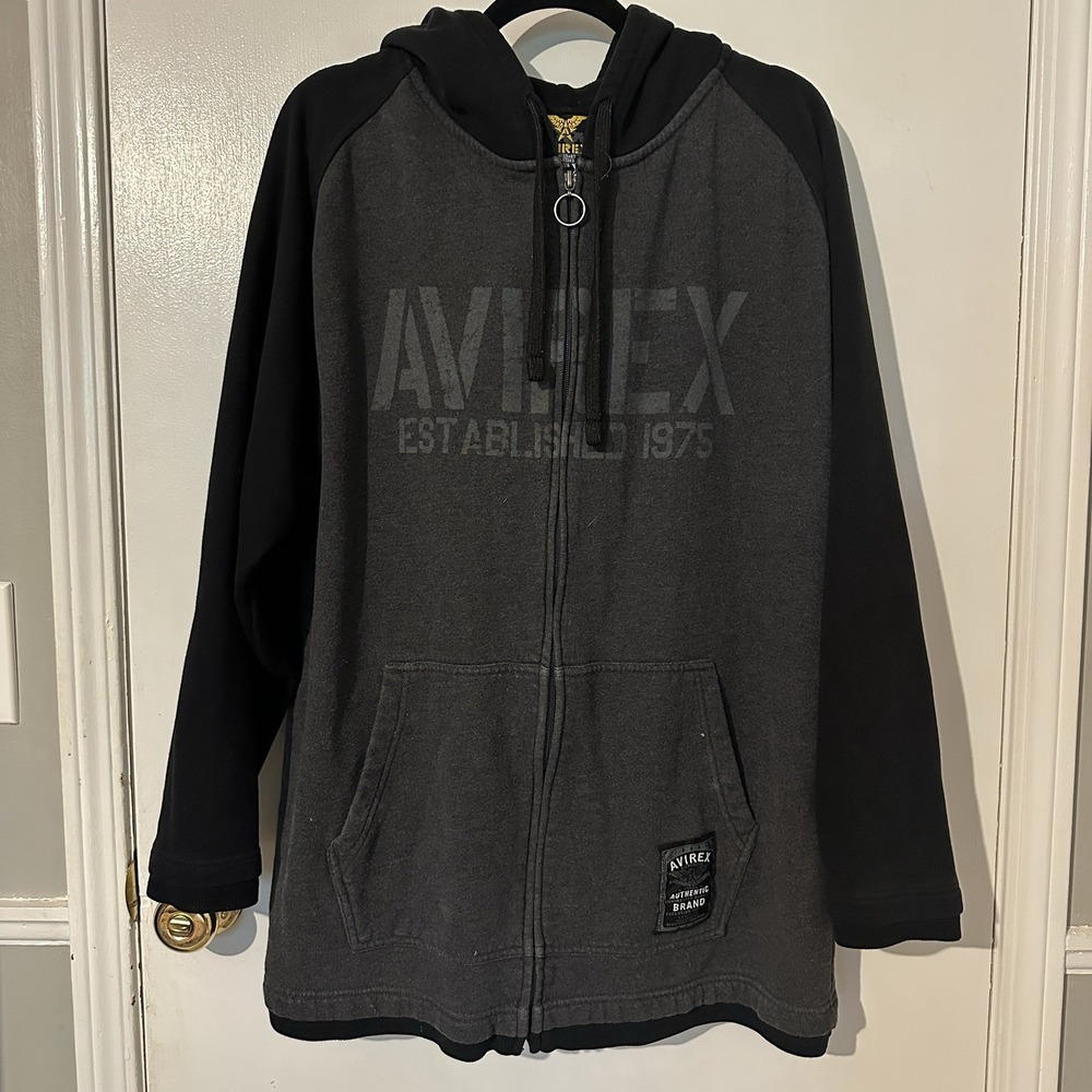 Vintage‎ Y2K Avirex Zip Up Hoodie XL Skater Emo Grunge Black Gray  Baggy Skull